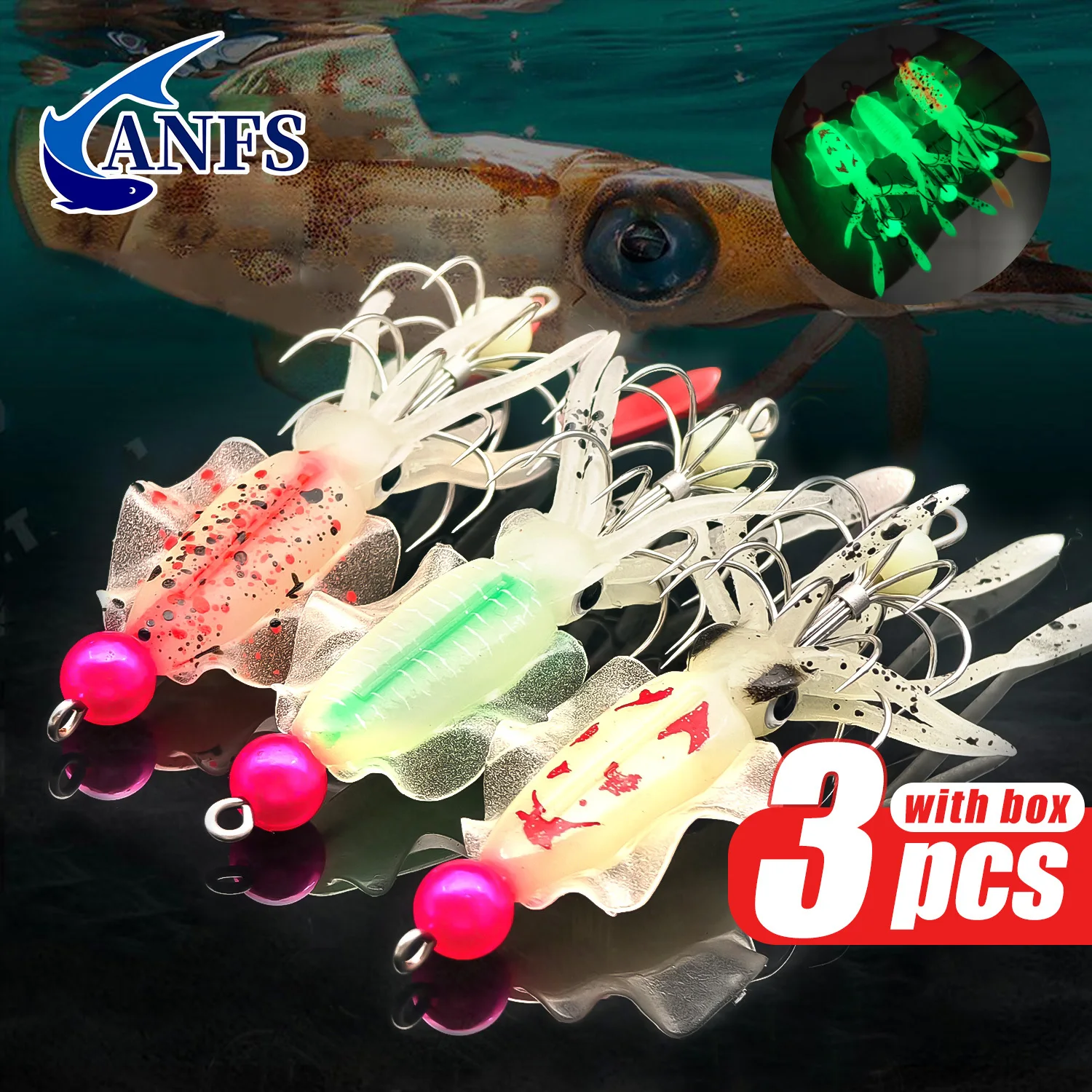 Fishing Hook Assortment - ANFS 3 ชิ้นชุดจิ๊กปลาหมึกเรืองแสง - เหยื่ออ่อนสมจริงพร้อมตะขอคมคละสีสําหรับตกปลา